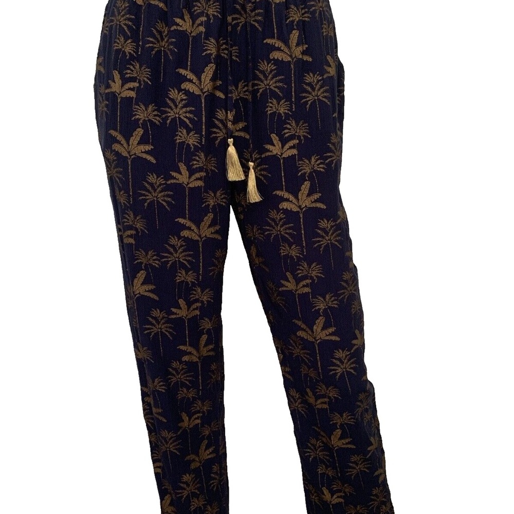 Boden Navy Pants with Gold Palm Motif